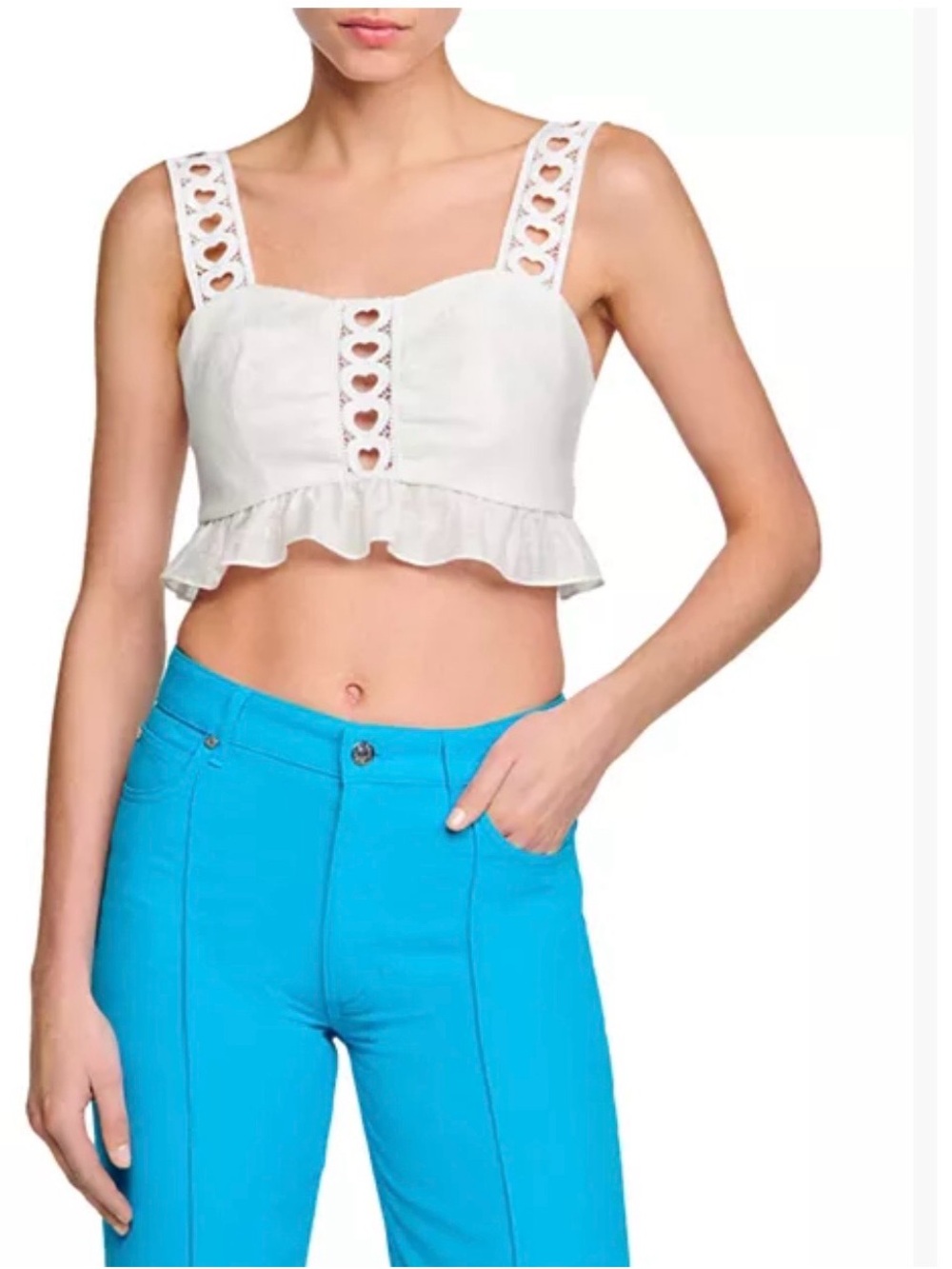 Sandro Corie White Eyelet Heart Cropped Ruffle Tank Top